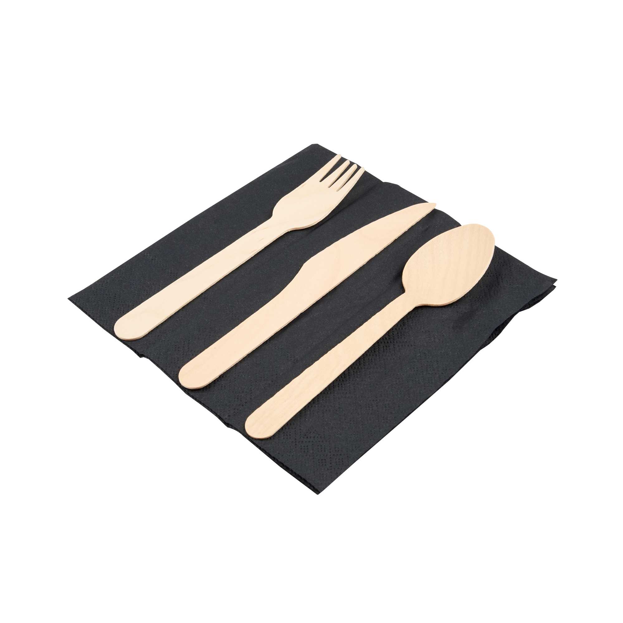 Eco Luxe Natural Wood Cutlery Set - with Black Napkin and Paper Pouch - 7" x 3 1/2" - 500 count box