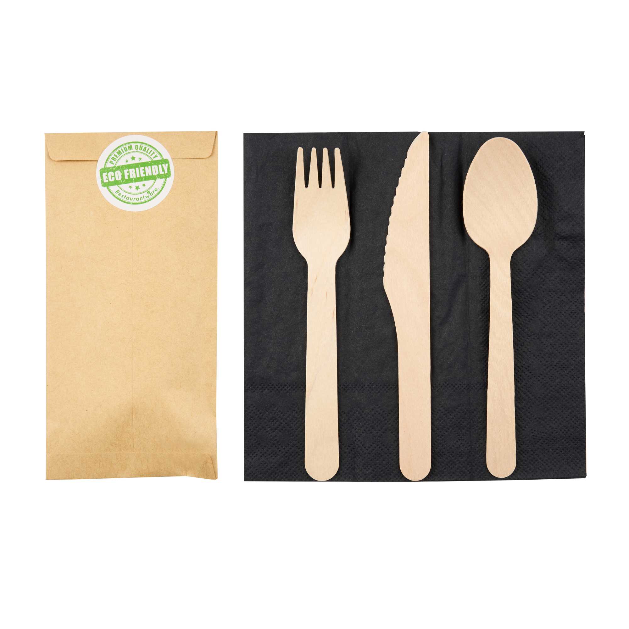 Eco Luxe Natural Wood Cutlery Set - with Black Napkin and Paper Pouch - 7" x 3 1/2" - 500 count box