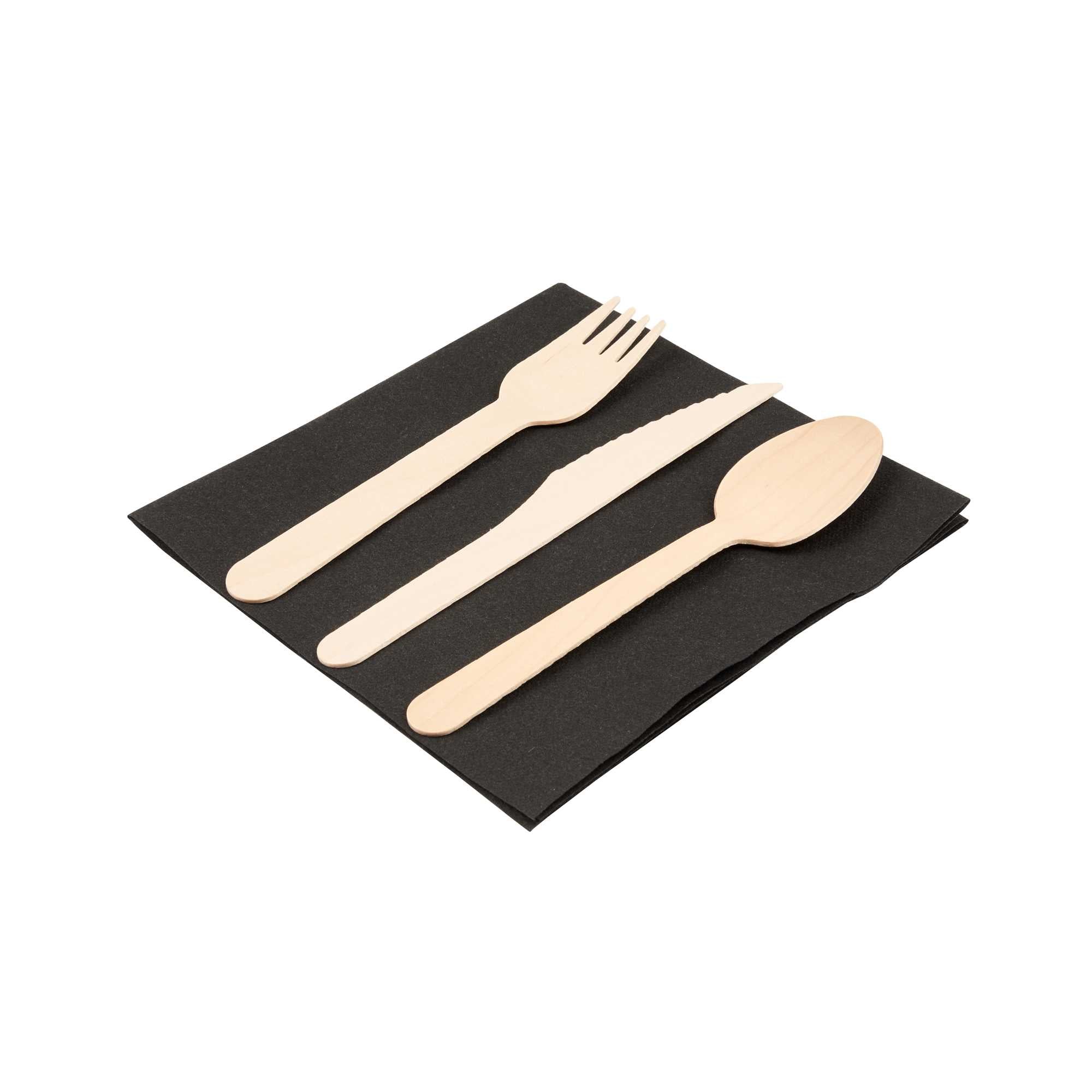 Eco Luxe Natural Wood Flatware Kit - Tied with Twine, with Black Napkin - 6 1/2" x 1 1/2" x 1/2" - 500 count box