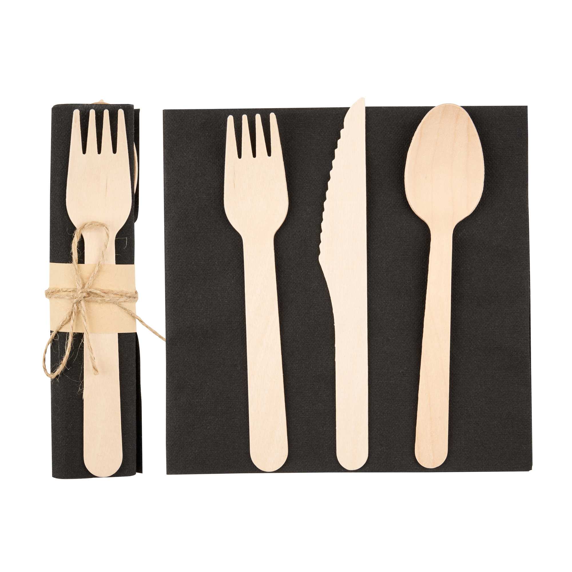 Eco Luxe Natural Wood Flatware Kit - Tied with Twine, with Black Napkin - 6 1/2" x 1 1/2" x 1/2" - 500 count box