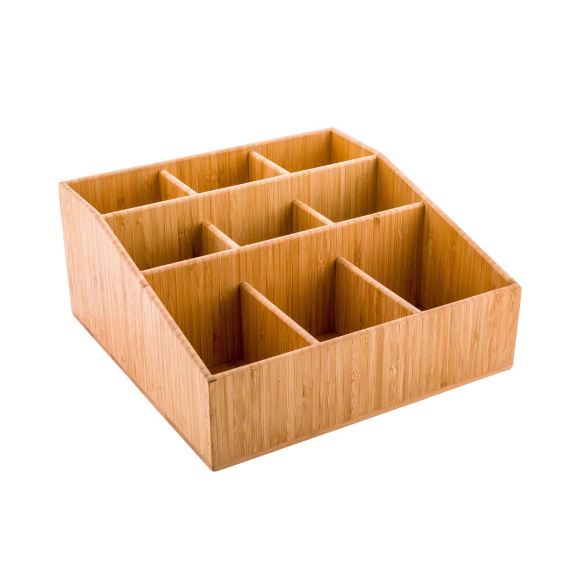 Bambuddha Square Natural Bamboo Condiment Organizer - 9 Compartments - 11 3/4" x 11 3/4" x 5 1/2" - 4 count box
