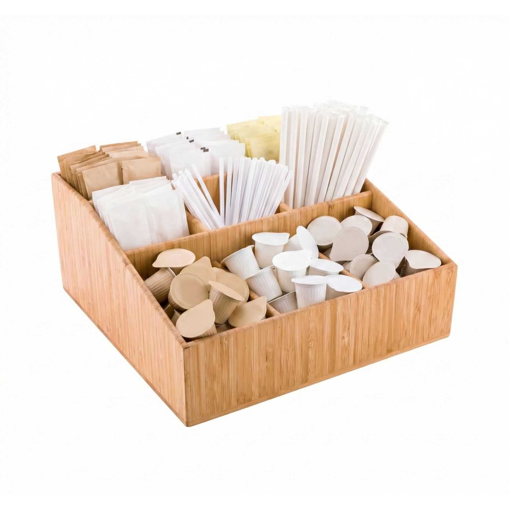 Bambuddha Square Natural Bamboo Condiment Organizer - 9 Compartments - 11 3/4" x 11 3/4" x 5 1/2" - 4 count box