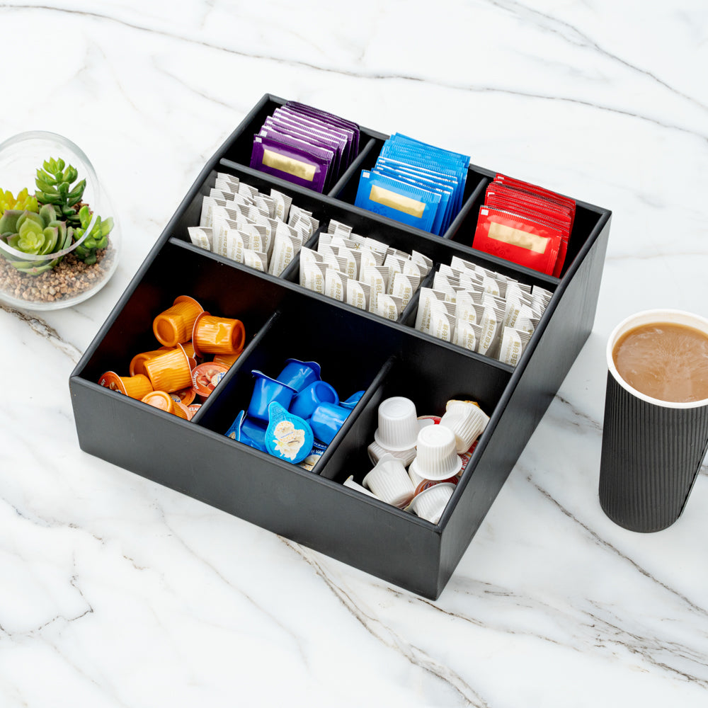 Bambuddha Square Black Bamboo Condiment Organizer - 9 Compartments - 11 3/4" x 11 3/4" x 5 1/2" - 1 count box