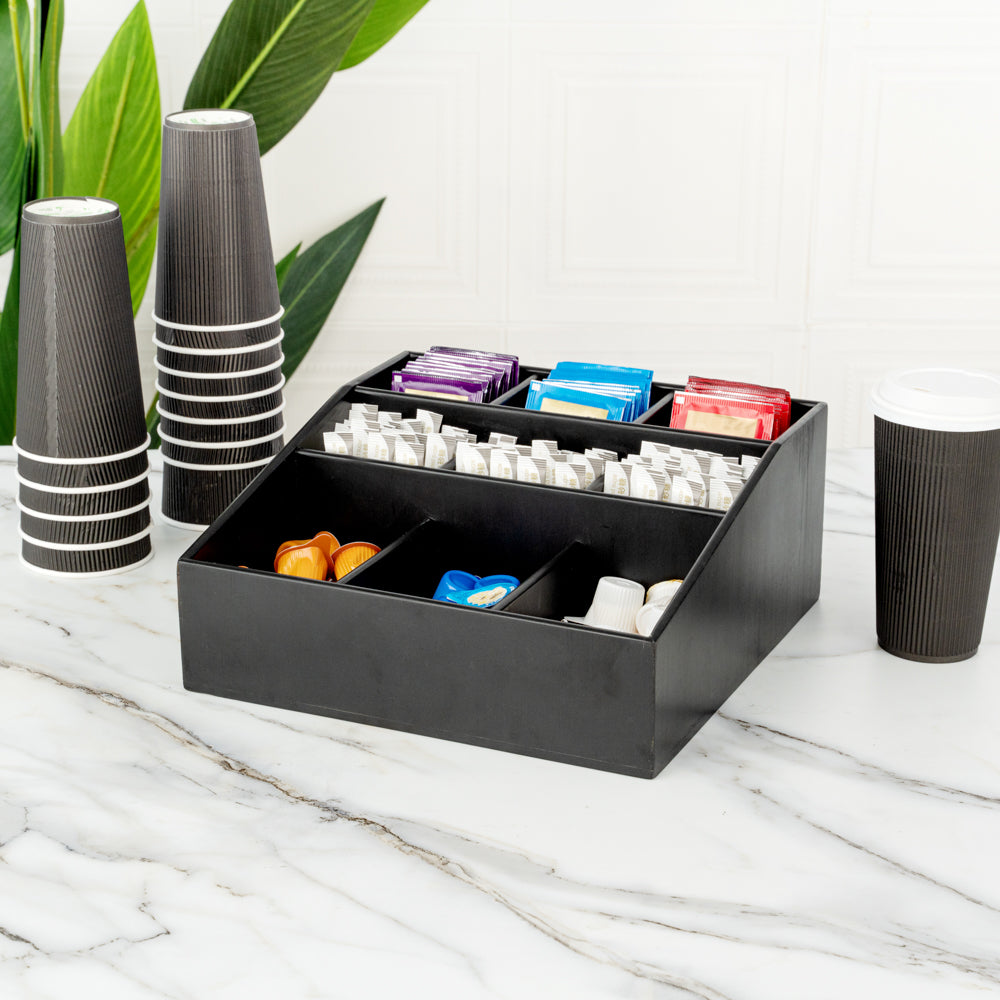 Square Black Bamboo Condiment Organizer - 9 Compartments - 11 3/4'' x ...