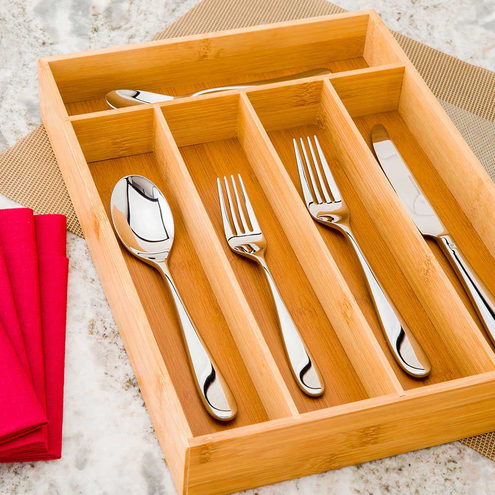 Eco Display Natural Bamboo Flatware Drawer Organizer - 5 Compartments - 13" x 10" x 2" - 1 count box