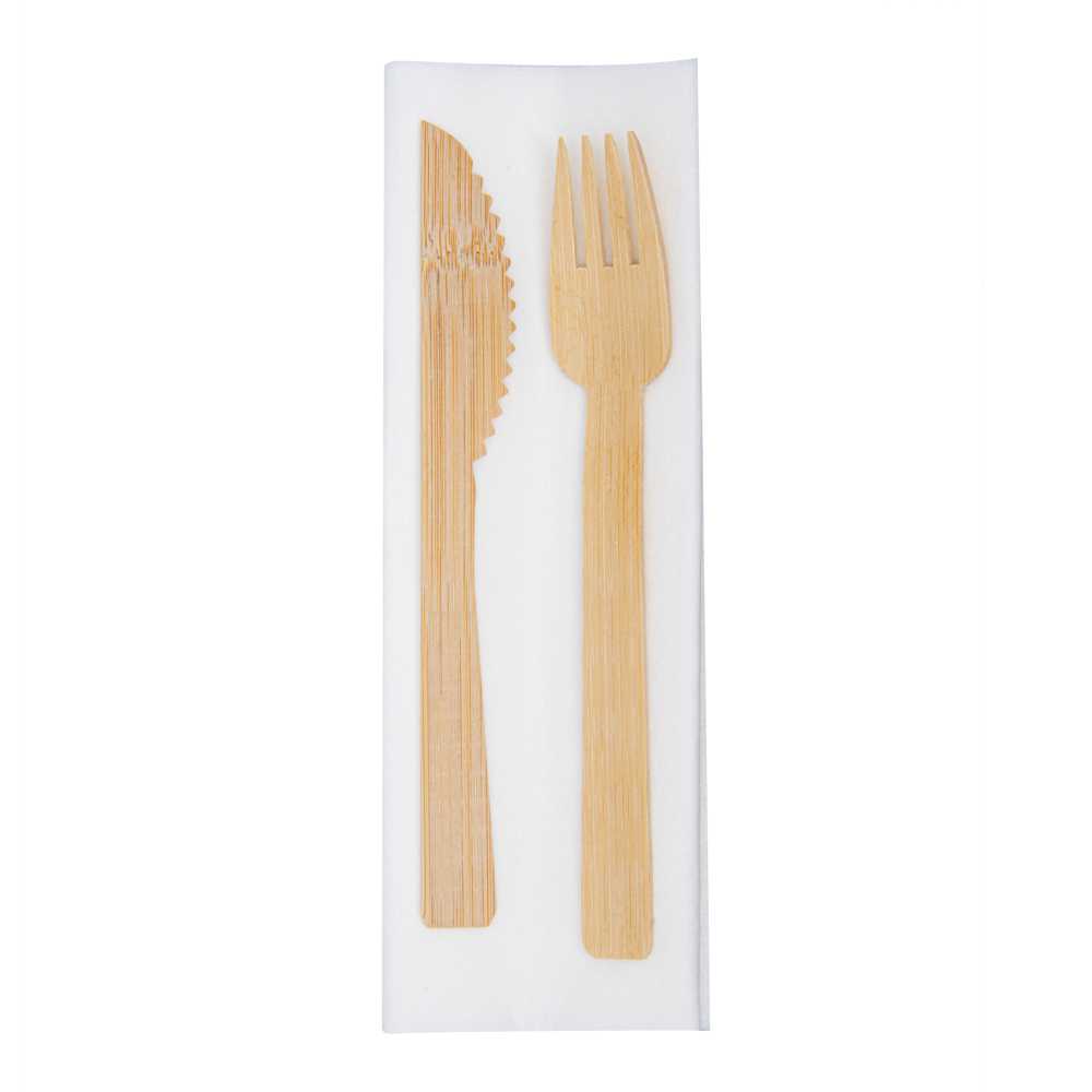 Bambuddha Natural Bamboo Fork / Knife Set - with White Napkin - 6 3/4" x 3 1/4" x 3/4" - 500 count box