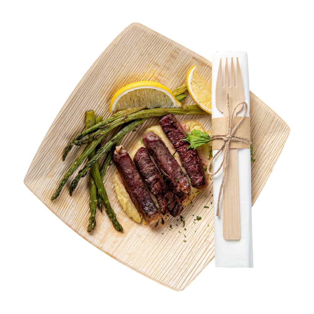 Bambuddha Natural Bamboo Fork / Knife Set - with White Napkin - 6 3/4" x 3 1/4" x 3/4" - 500 count box