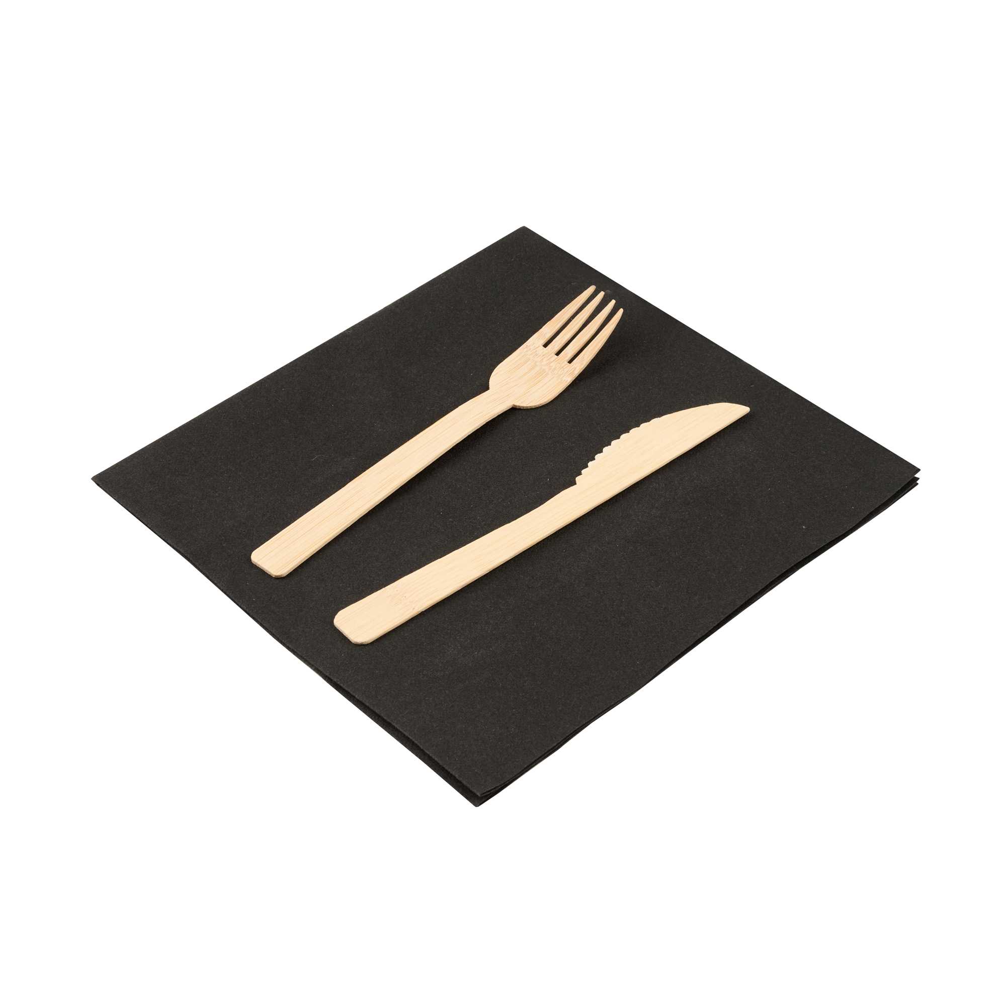 Eco Luxe Natural Bamboo Fork / Knife Set - with Black Napkin - 6 3/4" x 3 1/4" x 3/4" - 100 count box
