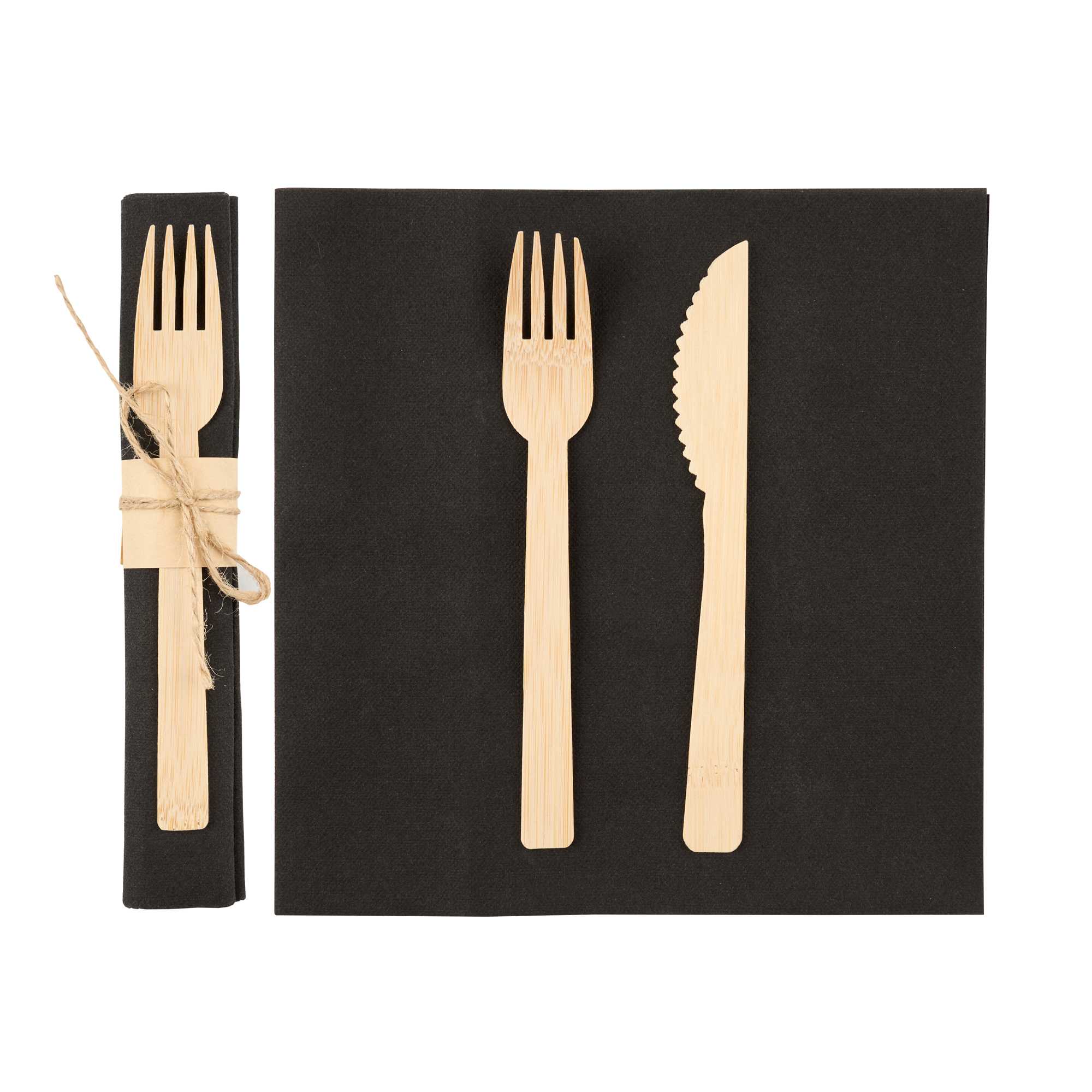 Eco Luxe Natural Bamboo Fork / Knife Set - with Black Napkin - 6 3/4" x 3 1/4" x 3/4" - 100 count box