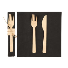 Eco Luxe Natural Bamboo Fork / Knife Set - with Black Napkin - 6 3/4