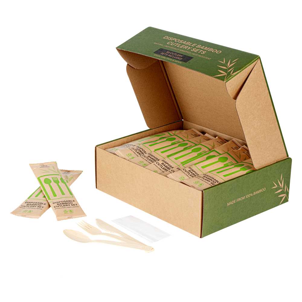 Bambuddha Natural Bamboo Disposable Cutlery Set - with Kraft Paper Pouch - 7" - 500 count box