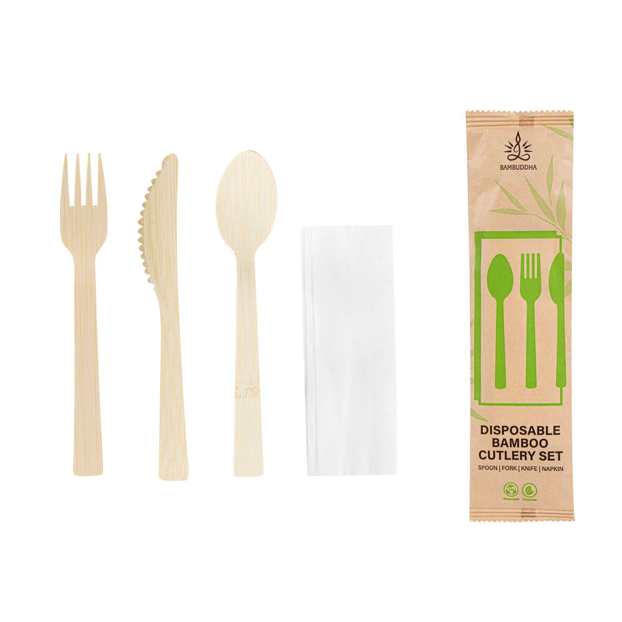 Bambuddha Natural Bamboo Disposable Cutlery Set - with Kraft Paper Pouch - 7" - 500 count box