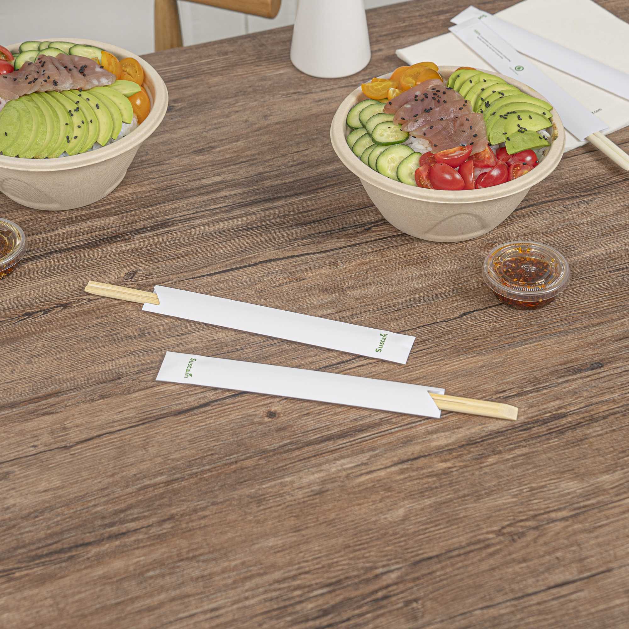 Sustain Natural Bamboo Tensoge Chopsticks - with Paper Sleeve - 9 1/2" - 100 count box