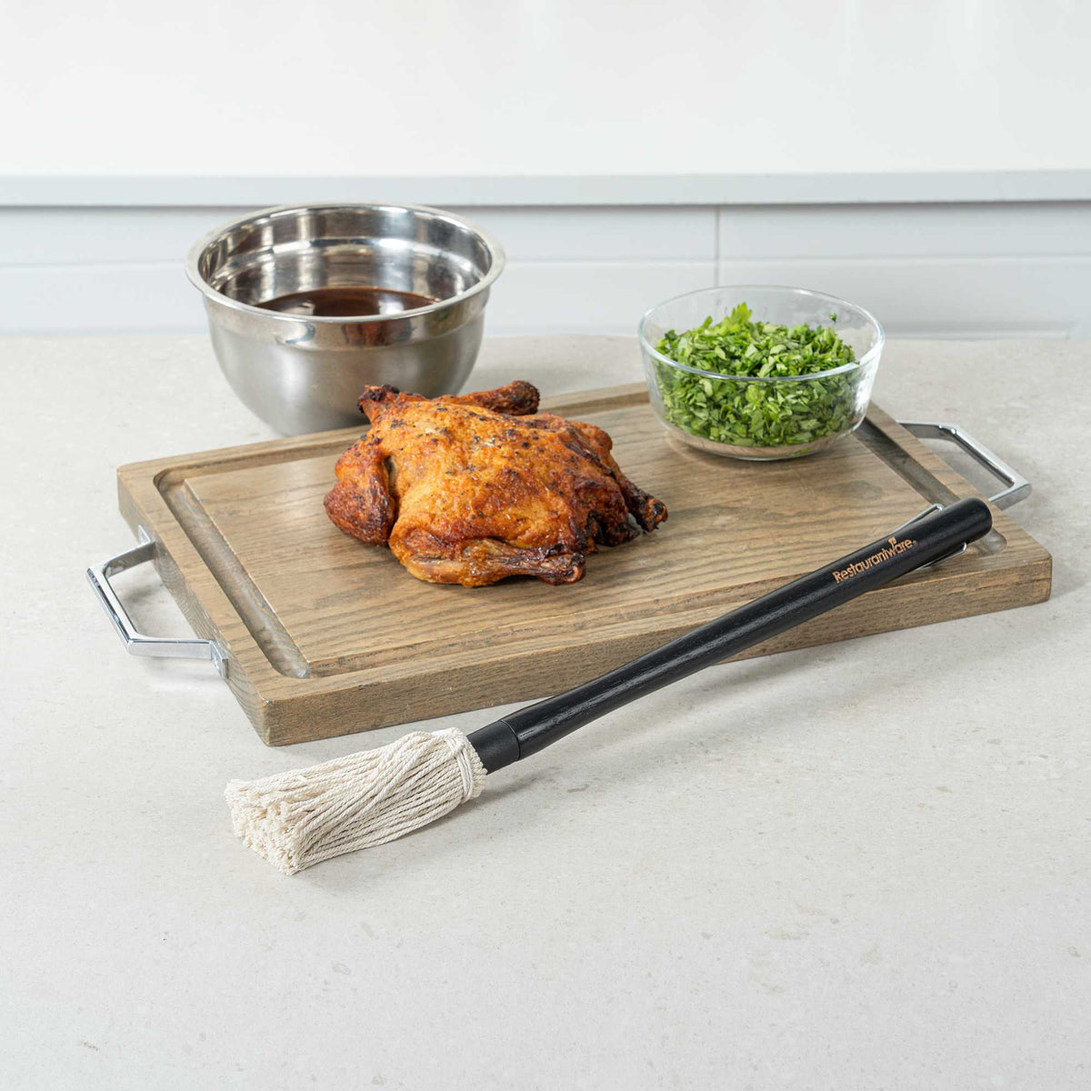Chef 101 Cotton BBQ Basting Mop - with Black Wooden Handle, Replaceable Head - 18" x 1 3/4" x 1 3/4" - 1 count box