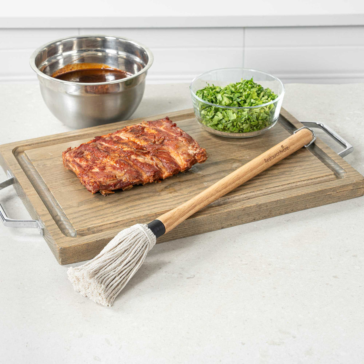 Chef 101 Cotton BBQ Basting Mop - with Brown Wooden Handle, Replaceable Head - 18" x 1 3/4" x 1 3/4" - 1 count box