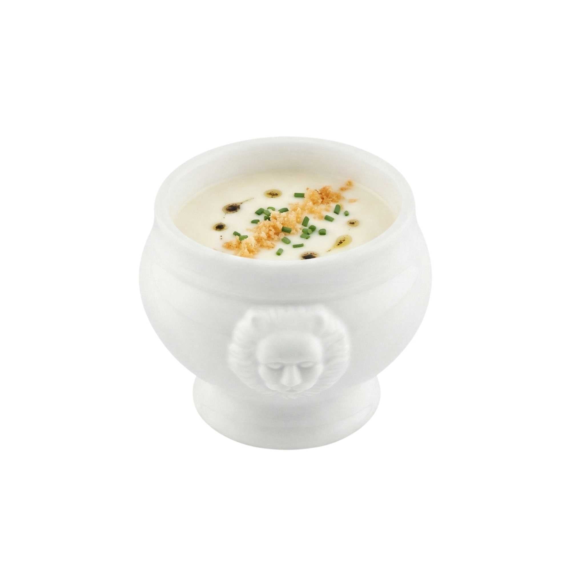 Chef 101 6 oz Round White Porcelain Lion Head Soup Bowl - 4" x 3 1/4" x 2 1/2" - 60 count box