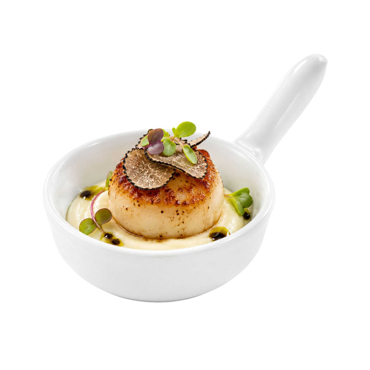 Chef 101 2 oz Round White Porcelain Mini Sauce Pan - 2 1/4" x 2 1/4" x 3/4" - 10 count box
