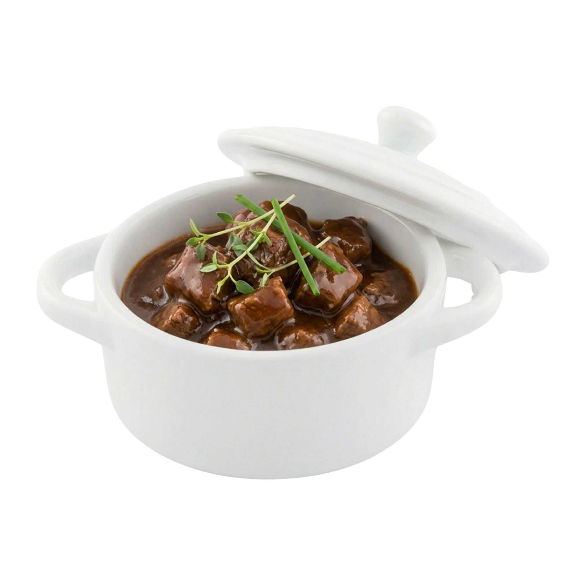 Chef 101 3 oz Round White Porcelain Mini Cocotte - 4 1/4" x 3" x 2 1/2" - 10 count box