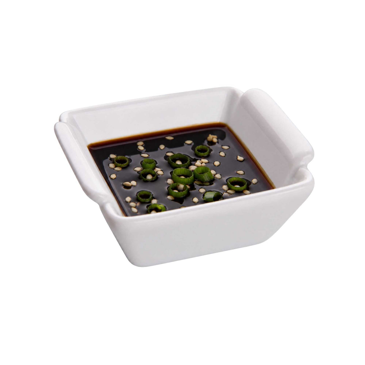 Chef 101 1 oz Square White Porcelain Mini Lipped Handle Bowl - 2 1/2" x 2 1/2" x 1" - 10 count box