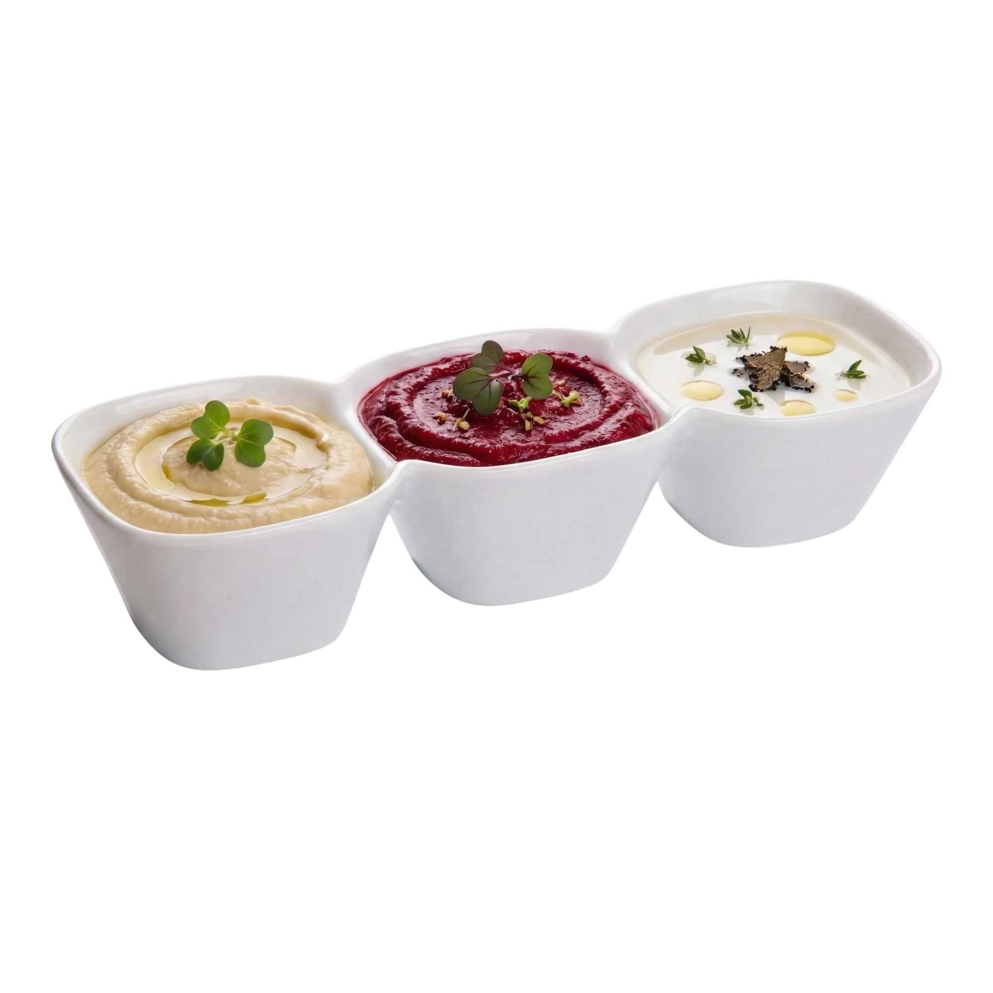 Chef 101 18 oz Square White Porcelain Triplets Convex Bowl Set - 9 24/2" x 3 1/2" x 2" - 24 count box