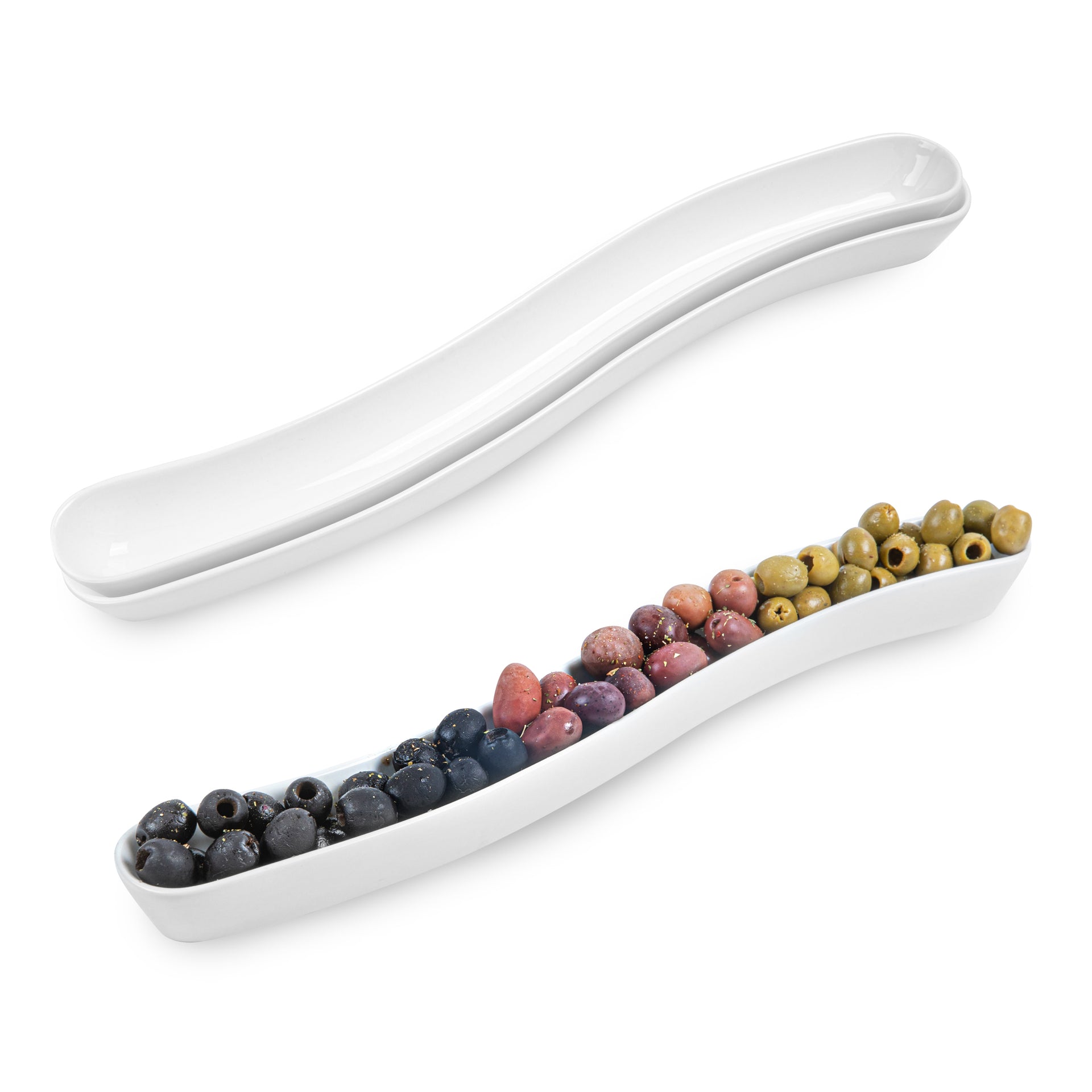 Chef 101 Swerve 14 oz Curved White Porcelain Olive Plate - 17" x 2 1/2" x 1 1/4" - 1 count box