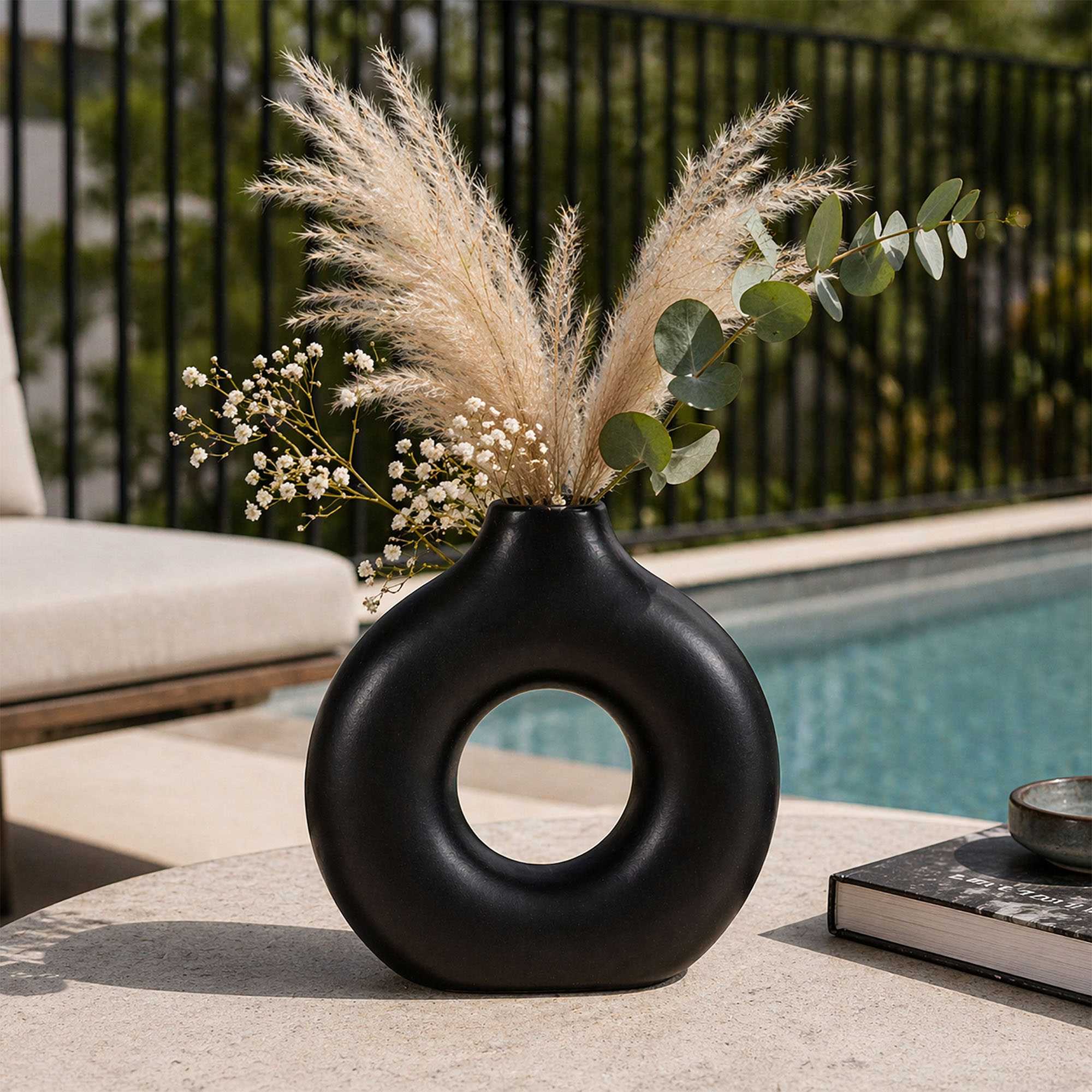 Table Art Black Ceramic Donut Vase - 5 3/4'' x 2 1/4'' x 6'' - 1 count box