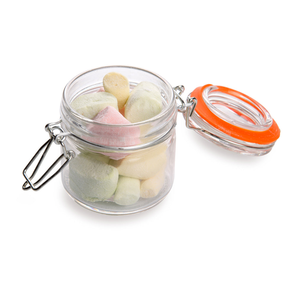 Vetri 3 oz Round Glass Wide Nostalgic Mason Jar - with Clamp Lid - 2 1/2" x 2 1/2" x 2 3/4" - 10 count box