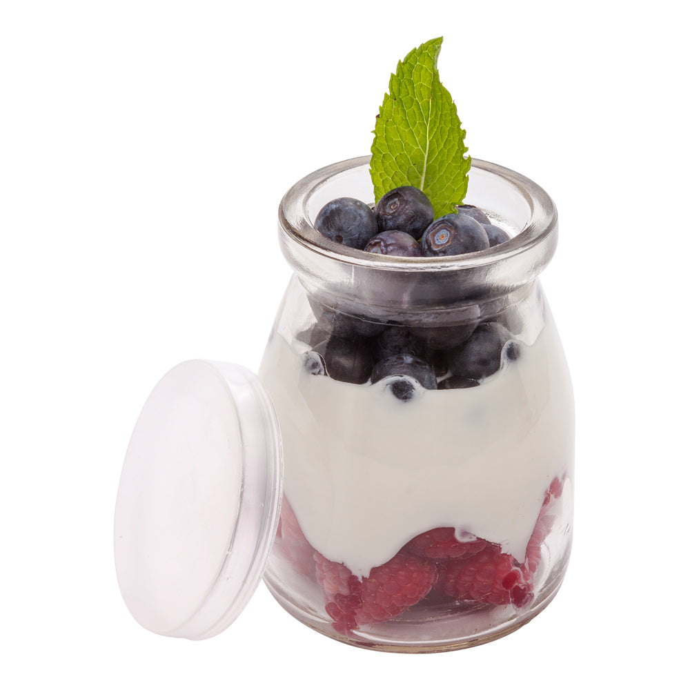Vetri 5 oz Round Nostalgic Milk and Yogurt Glass - with Plastic Lid - 2 1/2" x 2 1/2" x 3 1/4" - 100 count box