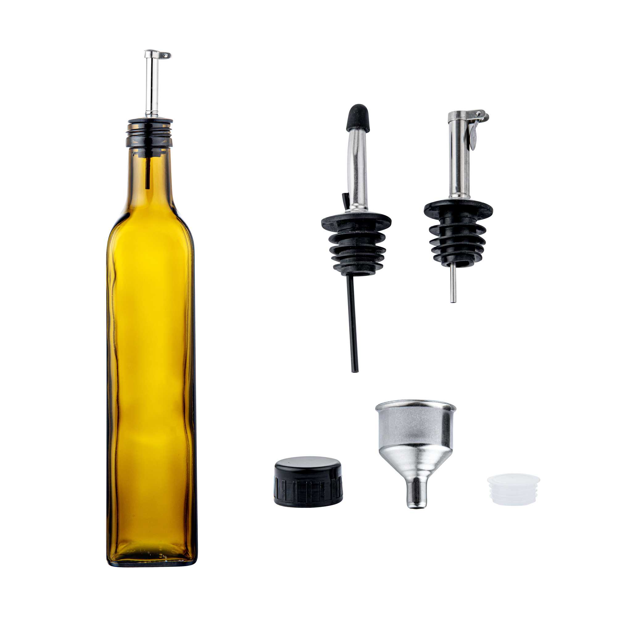 Chef 101 17 oz Amber Glass Olive Oil Dispenser - with Stainless Steel Pourers, Funnel Kit - 3 1/4" x 3 1/4" x 12 1/4" - 1 count box