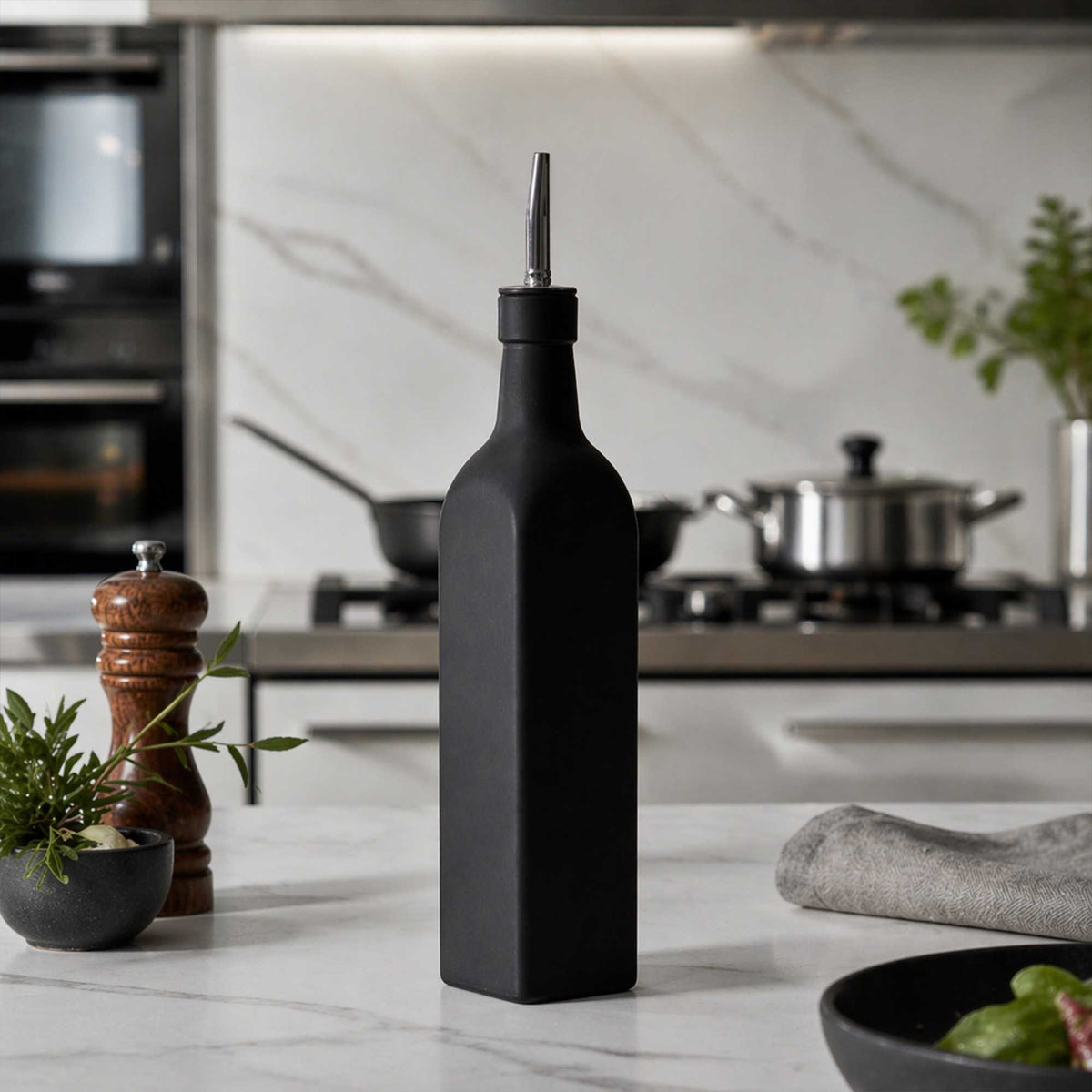 Chef 101 17 oz Black Glass Olive Oil Dispenser - with Stainless Steel Pourer, Funnel Kit - 2 1/4" x 2 1/4" x 12 1/2" - 1 count box
