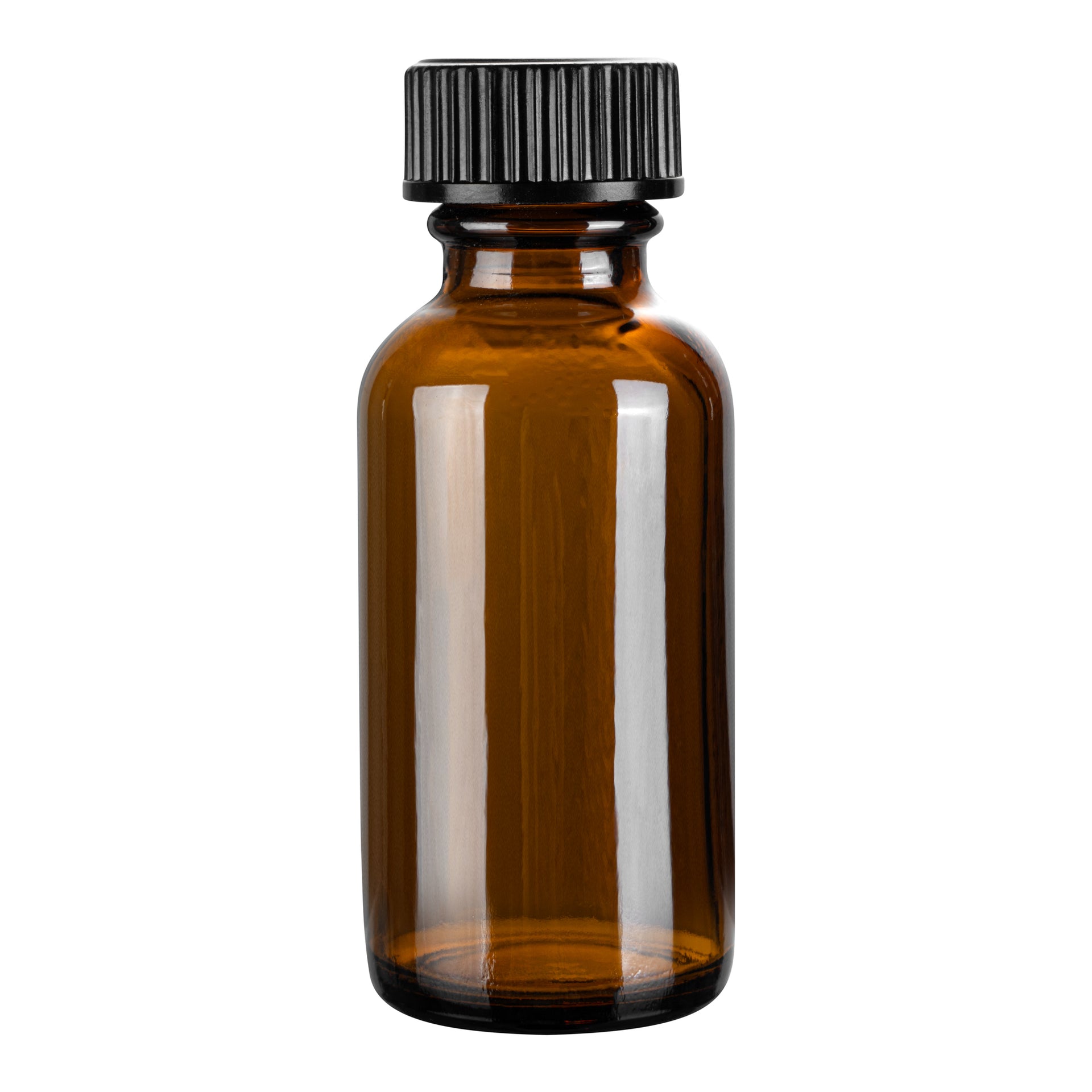 Vetri 1 oz Boston Round Amber Glass Bottle - with Black Phenolic Cap - 1 1/4" x 1 1/4" x 3" - 48 count box