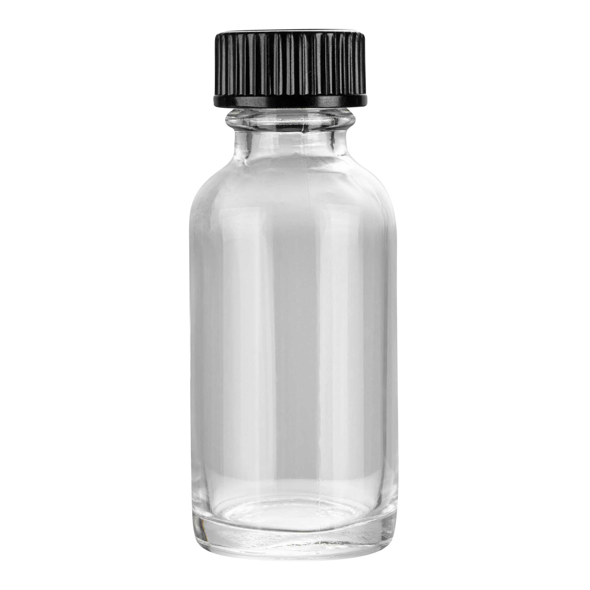 Vetri 1 oz Boston Round Clear Glass Bottle - with Black Phenolic Cap - 1 1/4" x 1 1/4" x 3" - 384 count box