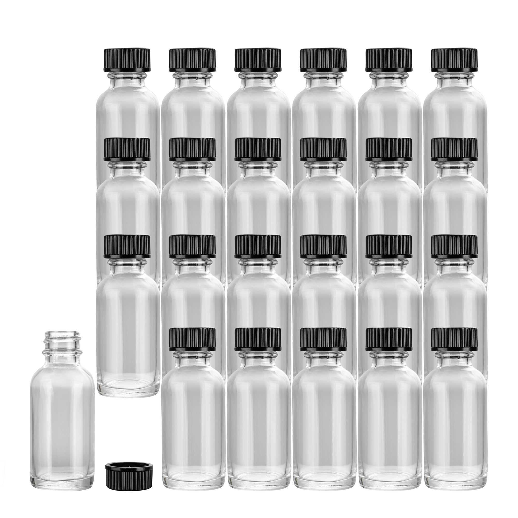 Vetri 1 oz Boston Round Clear Glass Bottle - with Black Phenolic Cap - 1 1/4" x 1 1/4" x 3" - 384 count box