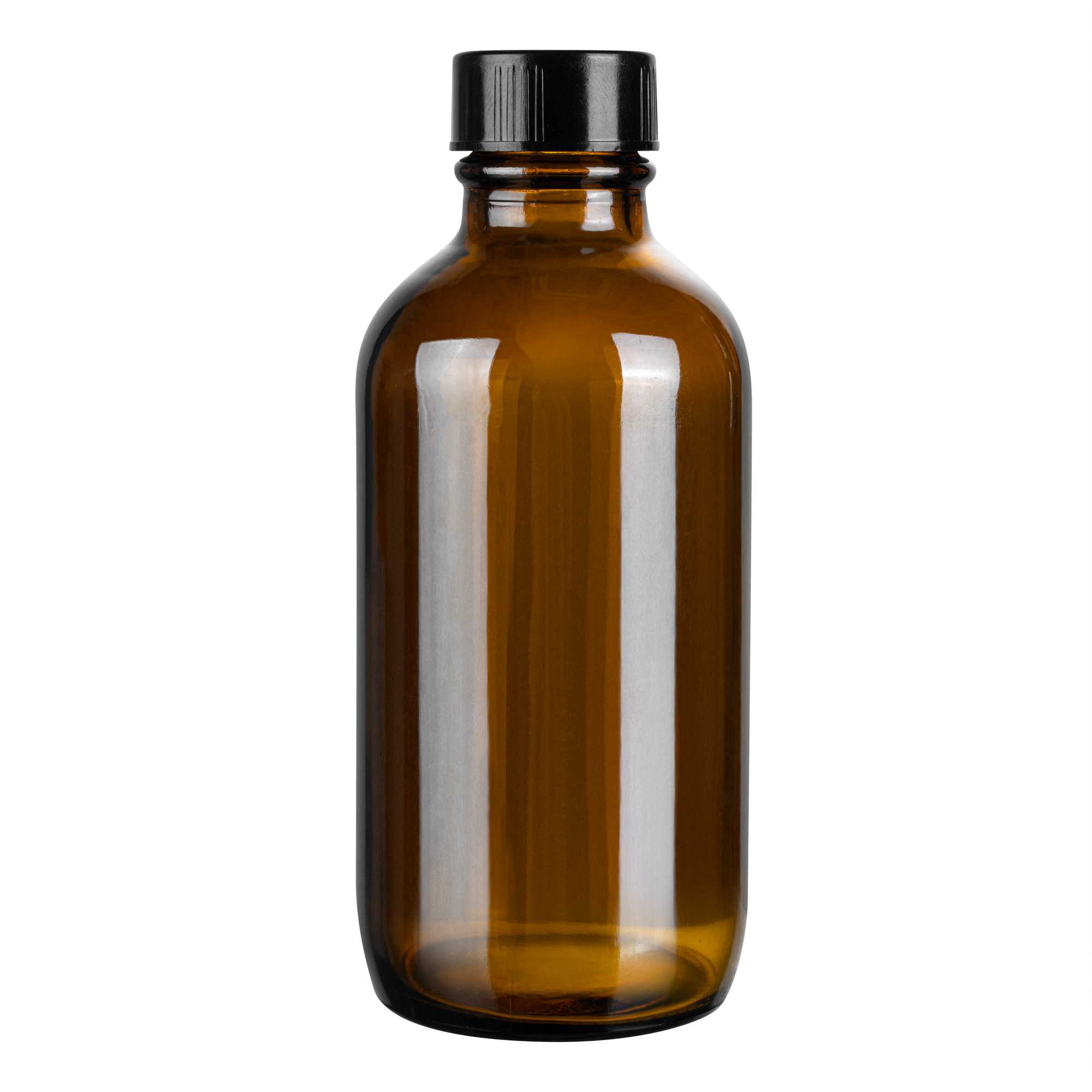 Vetri 4 oz Boston Round Amber Glass Bottle - with Black Phenolic Cap - 2" x 2" x 4 1/2" - 144 count box