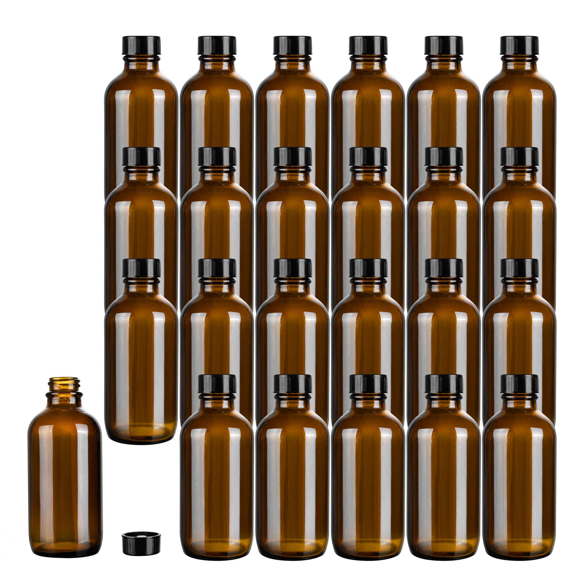 Vetri 4 oz Boston Round Amber Glass Bottle - with Black Phenolic Cap - 2" x 2" x 4 1/2" - 144 count box