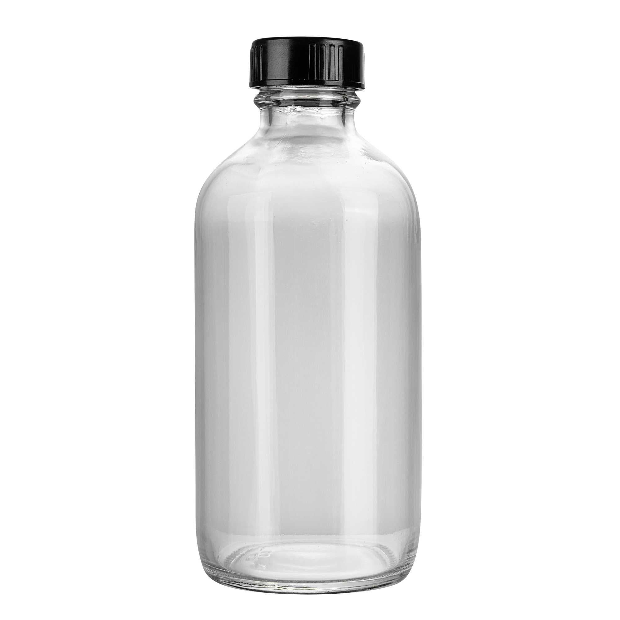 Vetri 8 oz Boston Round Clear Glass Bottle - with Black Phenolic Cap - 2 1/2" x 2 1/2" x 5 1/2" - 96 count box