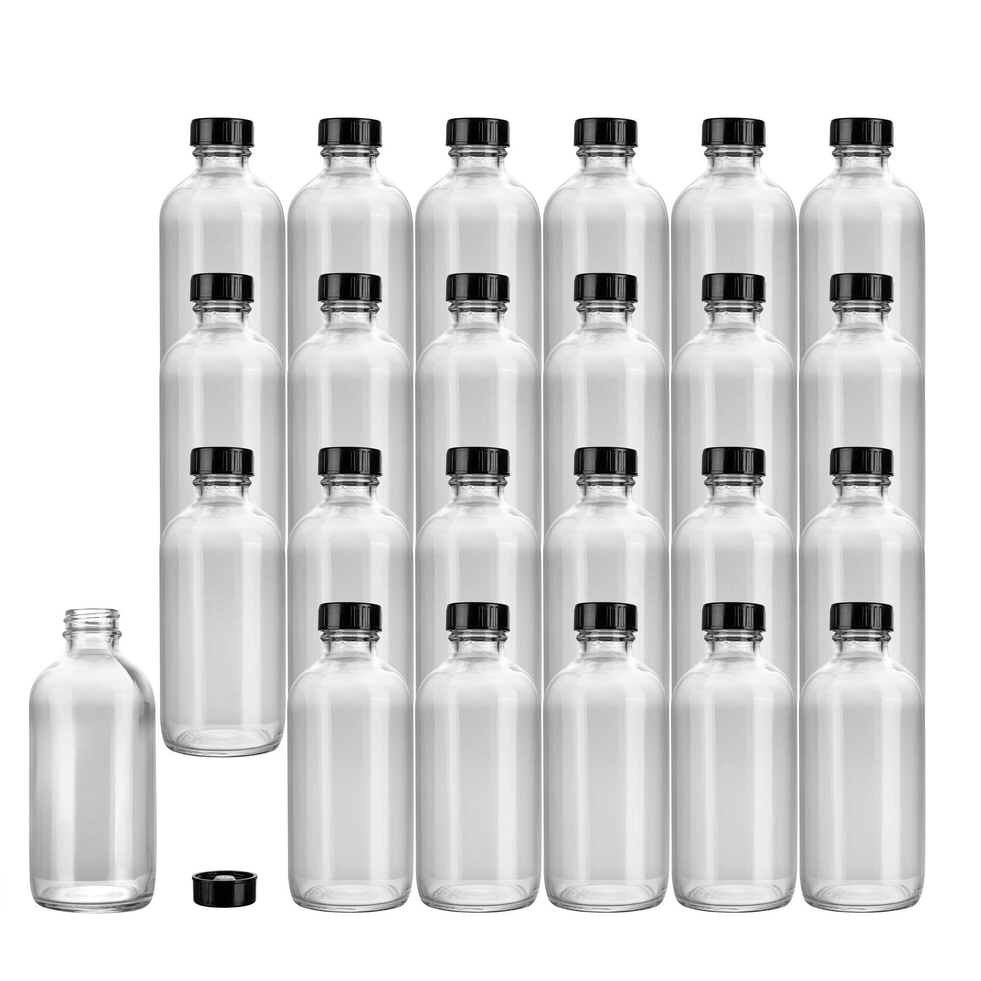 Vetri 8 oz Boston Round Clear Glass Bottle - with Black Phenolic Cap - 2 1/2" x 2 1/2" x 5 1/2" - 96 count box