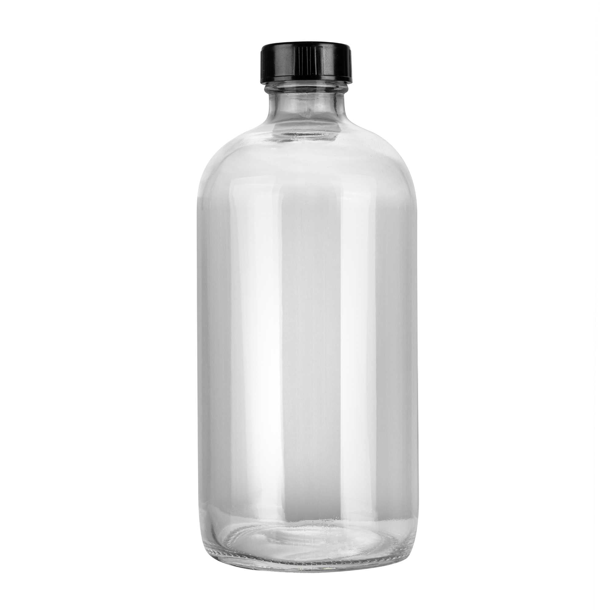 Vetri 16 oz Boston Round Clear Glass Bottle - with Black Phenolic Cap - 3" x 3" x 6 3/4" - 48 count box