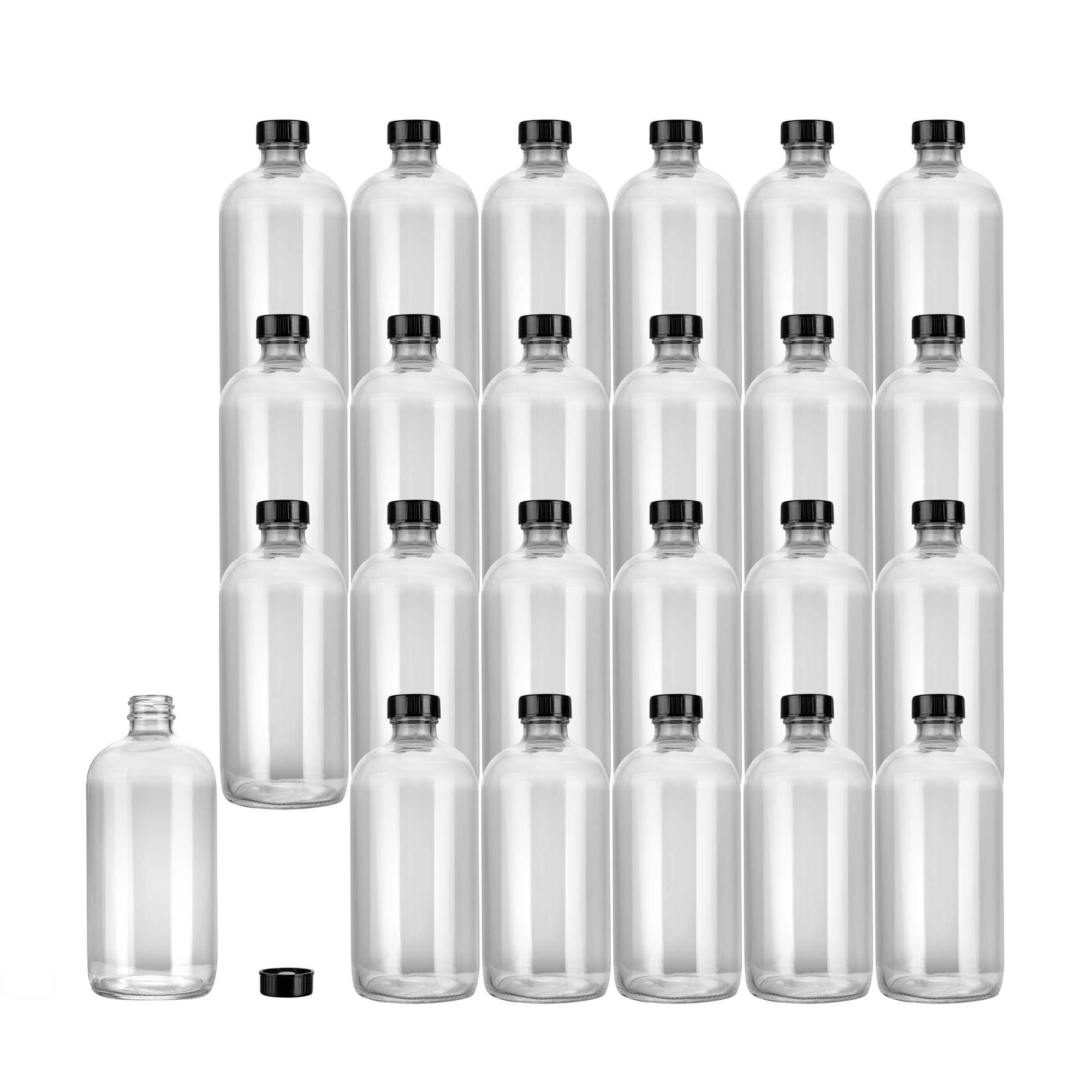 Vetri 16 oz Boston Round Clear Glass Bottle - with Black Phenolic Cap - 3" x 3" x 6 3/4" - 48 count box
