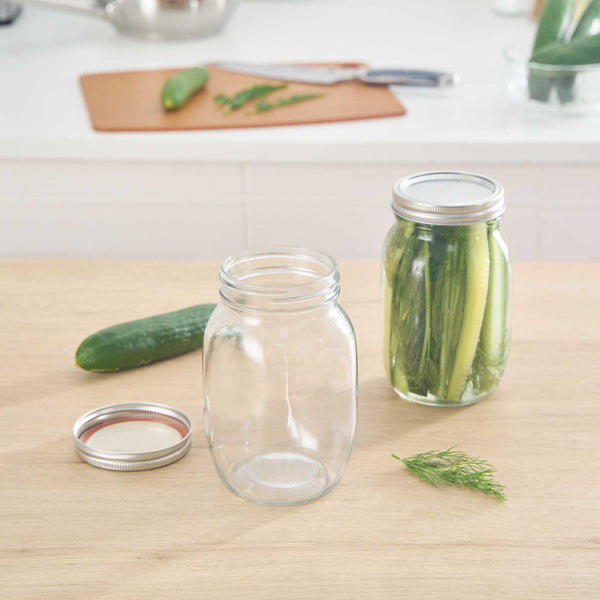 Restaurantware Mason Jar - 10 Count - Vetri 36 oz Glass Mason Jar, Wide Mouth, Smooth Sided, Includes Lid and Band