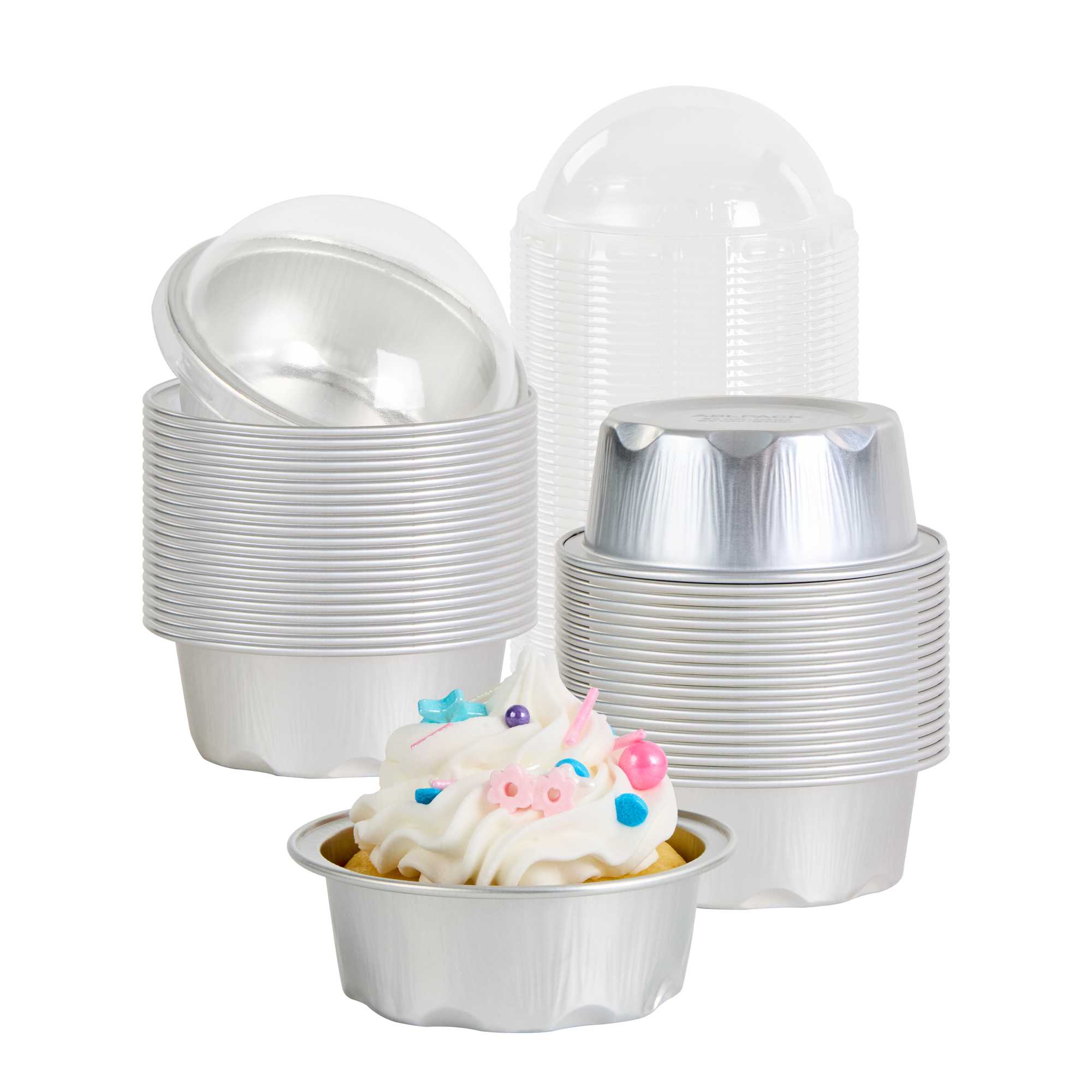 Pastry Tek 2 oz Round Silver Aluminum Baking Cup - with Plastic Dome Lid - 2 3/4" x 2 3/4" x 1" - 100 count box
