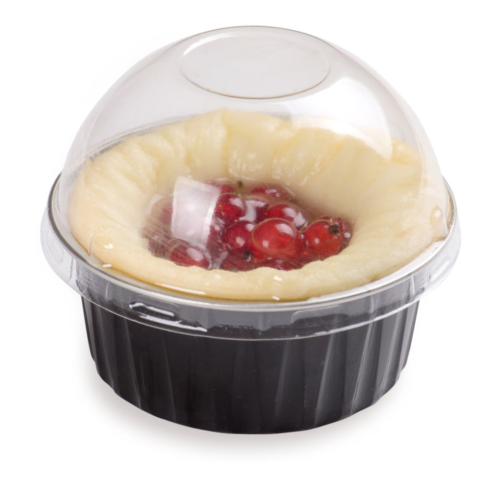 Pastry Tek 4 oz Round Black Aluminum Baking Cup - with Plastic Dome Lid - 3 1/4" x 3 1/4" x 1 1/2" - 100 count box