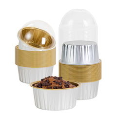 Pastry Tek 4 oz Round Silver Aluminum Baking Cup - Inner Gold, with Plastic Dome Lid - 3 1/4