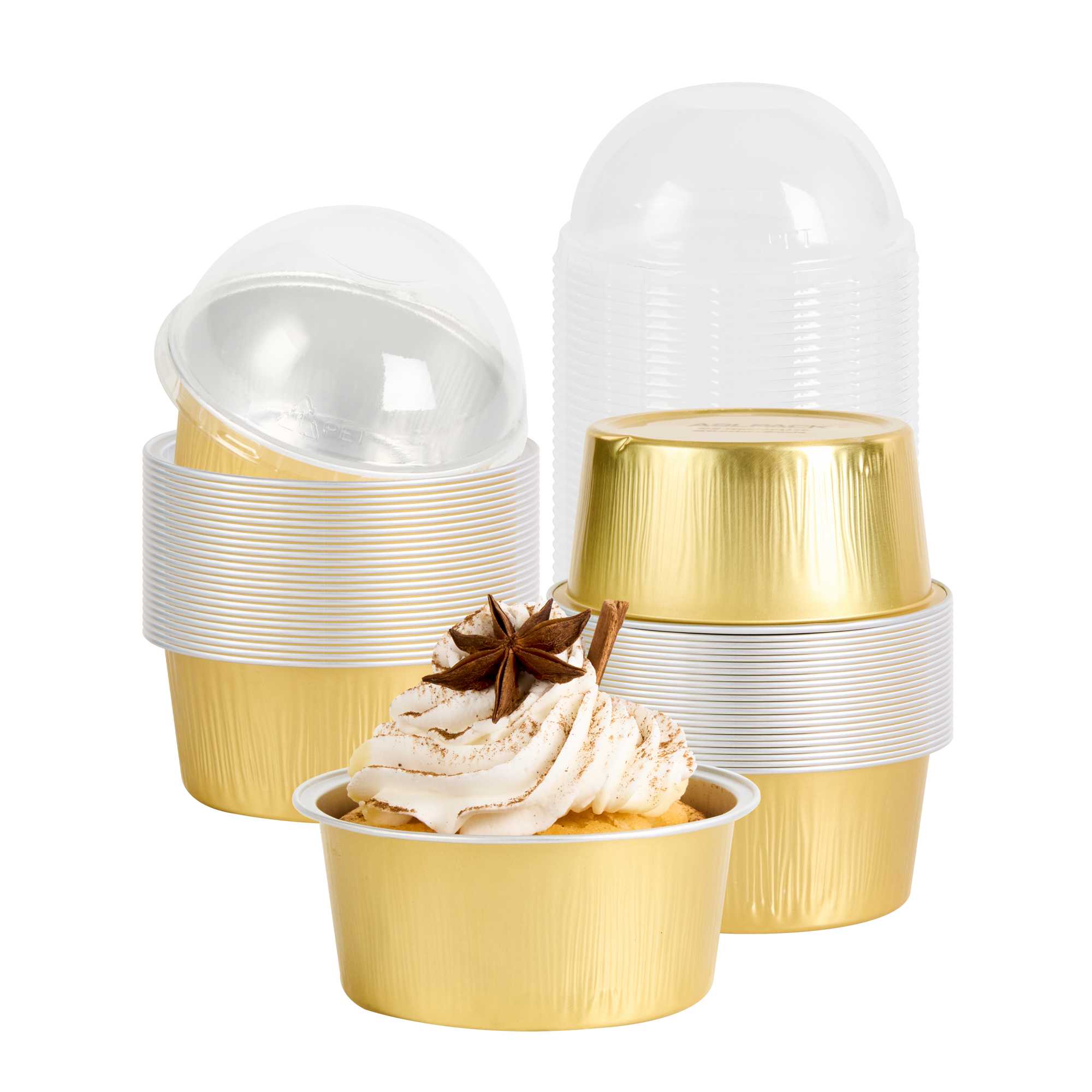 Pastry Tek 4 oz Round Gold Aluminum Baking Cup - with Plastic Dome Lid - 3 1/4" x 3 1/4" x 1 1/2" - 100 count box