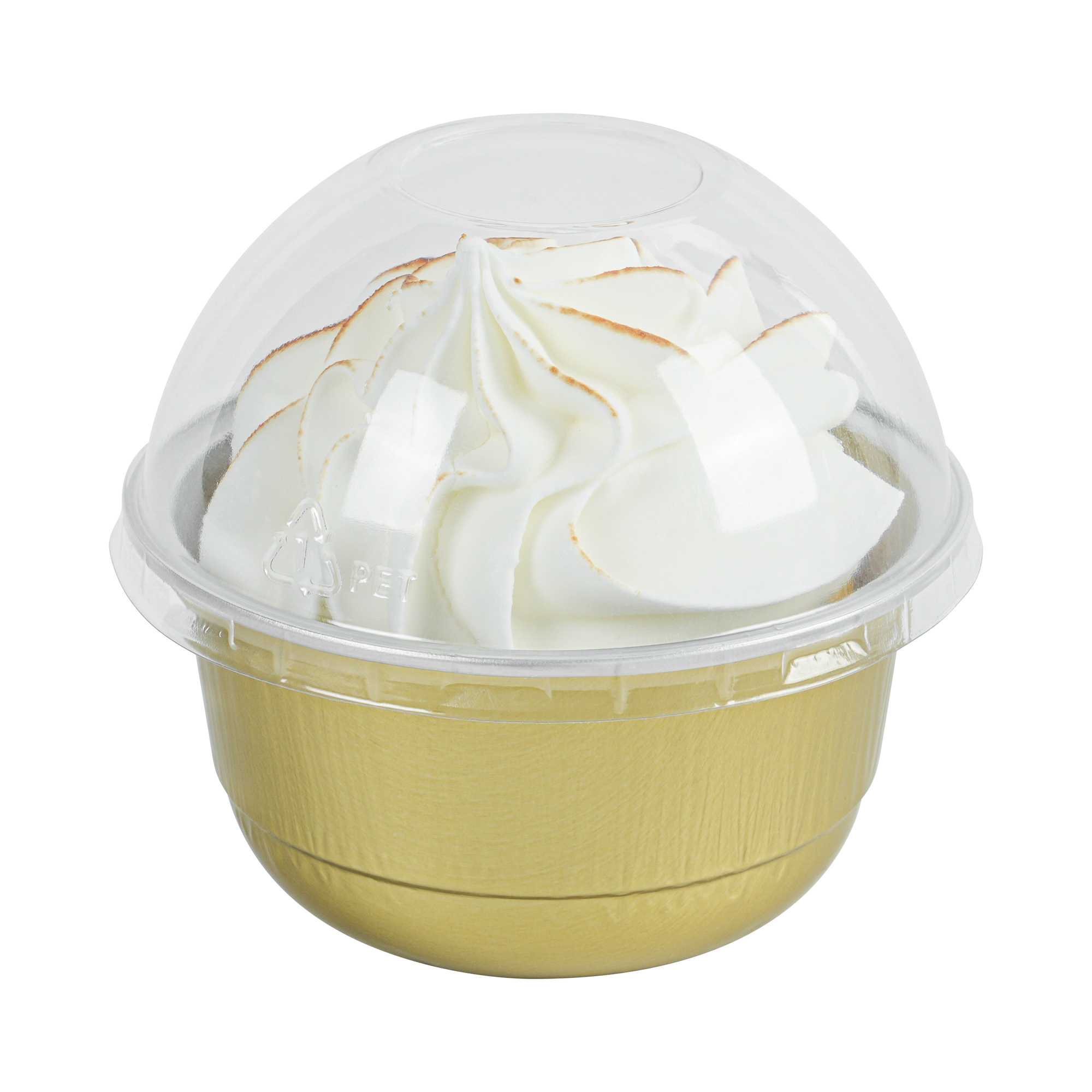 Pastry Tek 5 oz Round Gold Aluminum Baking Cup - with Plastic Dome Lid - 3 1/4" x 3 1/4" x 1 3/4" - 100 count box