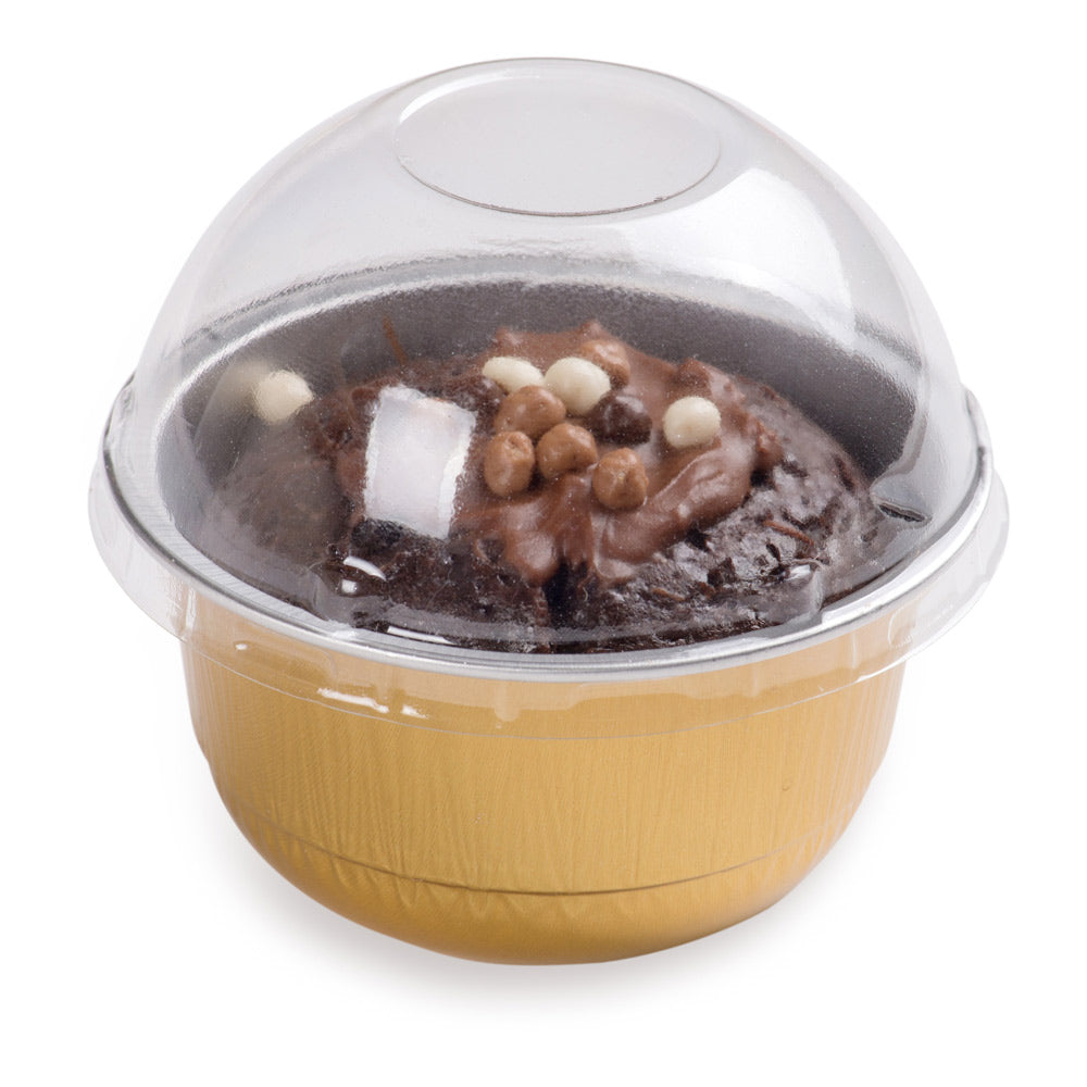 Pastry Tek 5 oz Round Gold Aluminum Baking Cup - with Plastic Dome Lid - 3 1/4" x 3 1/4" x 1 3/4" - 100 count box