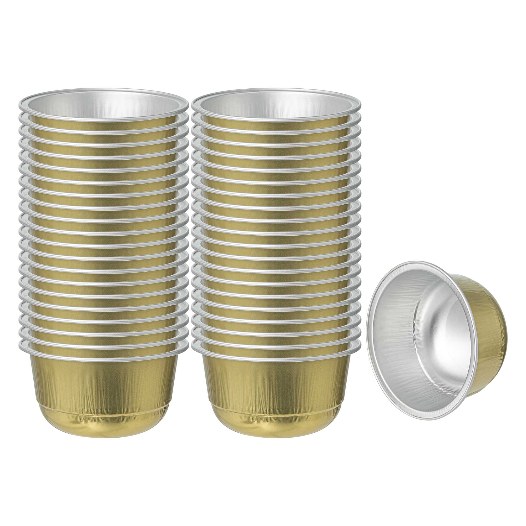 Pastry Tek 5 oz Round Gold Aluminum Baking Cup - with Plastic Dome Lid - 3 1/4" x 3 1/4" x 1 3/4" - 100 count box