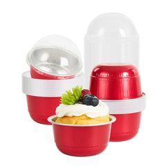 Pastry Tek 5 oz Round Red Aluminum Baking Cup - with Plastic Dome Lid - 3 1/4