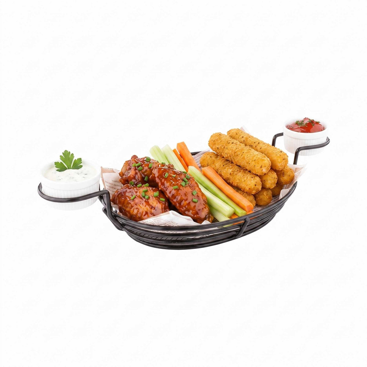 Met Lux Oval Black Iron Entree Basket - Double Dipping Sauce Holder - 13" x 6" x 2 1/4" - 1 count box