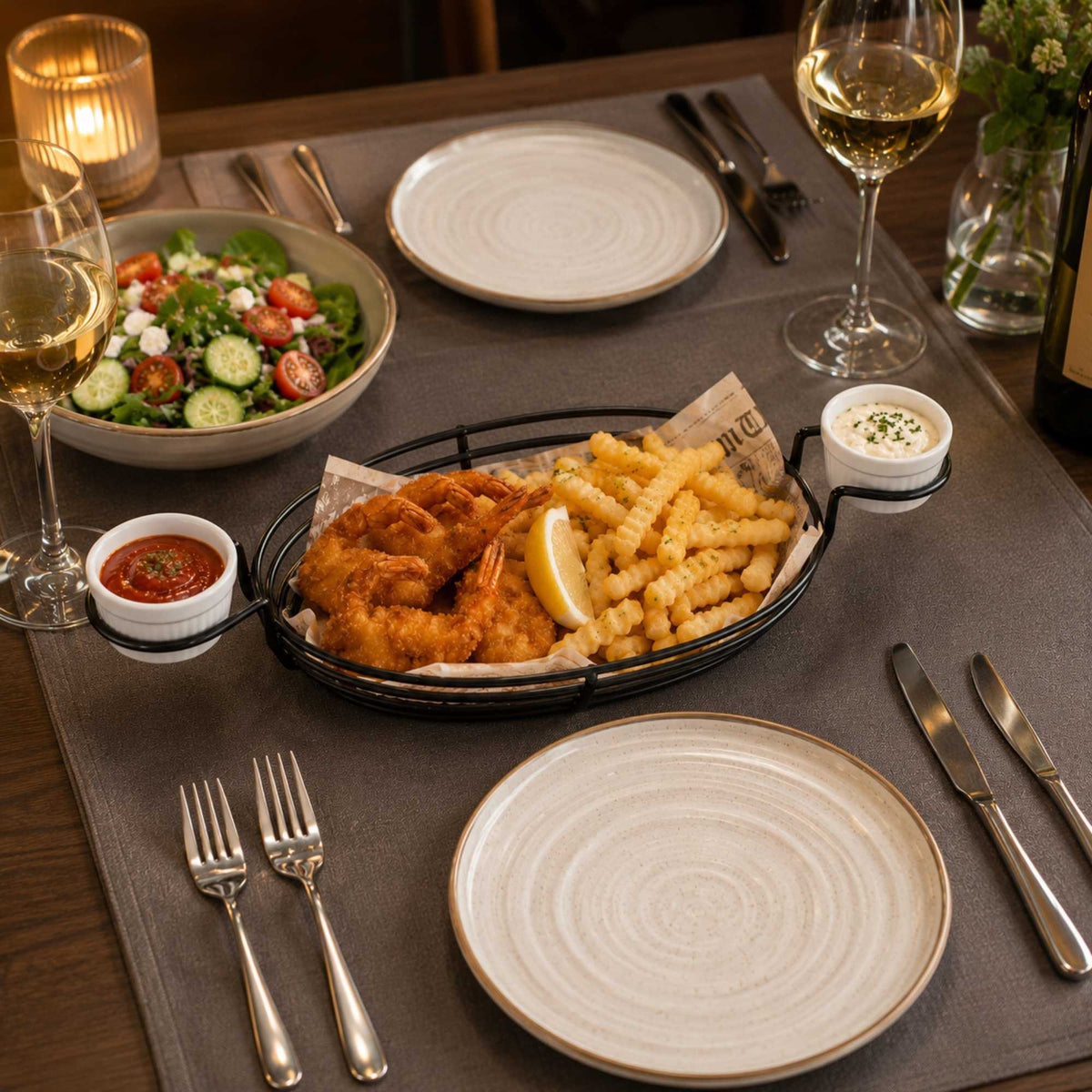 Met Lux Oval Black Iron Entree Basket - Double Dipping Sauce Holder - 13" x 6" x 2 1/4" - 1 count box